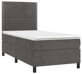 sötétszürke bársony rugós és LED-es ágy matraccal 90x190 cm