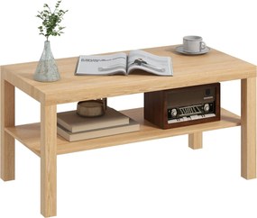 HOMCOM Kávézóasztal Alacsony Asztal a Nappaliba 2 Tárolós Zsúfolópolccal 90x45x44.5 cm Természetes | Aosom