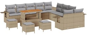 13 részes kerti szófa szett párnákkal Bézs Poly Rattan Akácia, 3 részes kerti étkező szett párnákkal Bézs Poly Rattan Akácia