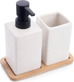 Fürdőszoba szett Szappan adagoló gél bögre állvány fehér bambusz