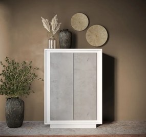 SKY 2.0 magas komód, 2 ajtóval, fehér matt lakkozott vázzal és betonhatású laminált előlapokkal