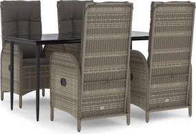 vidaXL 5 részes fekete és szürke polyrattan kerti étkezőszett párnával
