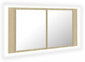 tölgyszínű akril LED-es tükrös fürdőszobaszekrény 90x12x45 cm