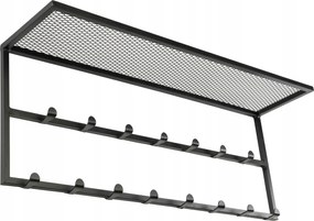 Robusztus fekete fali ruhaakasztó 14 akasztóval és kiegészítő polccal