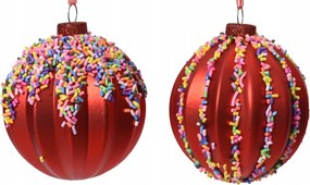 Üveggömb matt piros, színes karácsonyfadísszel 8cm