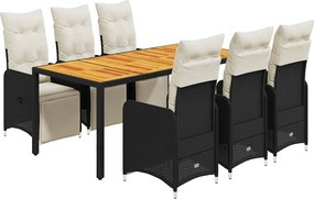 vidaXL 7 részes fekete polyrattan kerti bisztrógarnitúra párnákkal