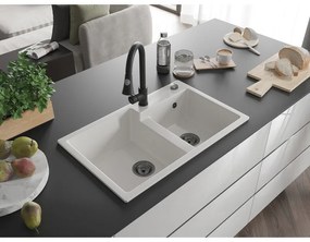 Mexen Tomas, 2 kamrás gránit mosogató 800x500x190 mm és Elia mosogató csaptelep, fehér, 6516-20-670101-70