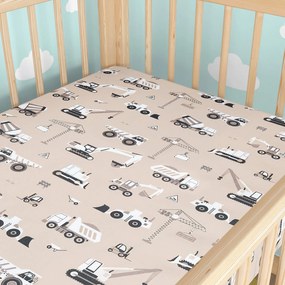 Goldea gyerek körgumis pamut lepedő kiságyba - teherautók és markolók bézs alapon 70 x 140 cm