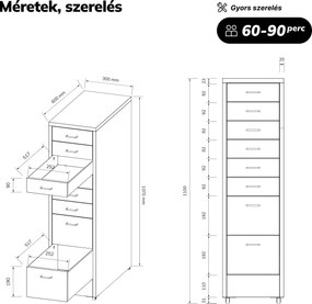 Kartotékszekrény görgőkkel, fém, 8 fiókos, dokumentumokhoz, fekete, 300x1100x600 mm: SARA V8