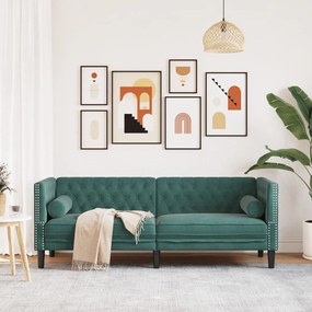 3 személyes sötétzöld bársony Chesterfield kanapé párnákkal