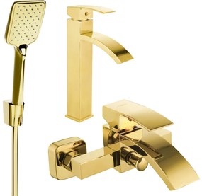 Mexen Libra R62 magas mosdó- és kádcsaptelep zuhanykészlettel, arany, 745113R62-50