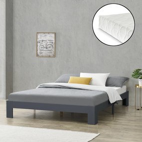 [en.casa] Fa ágykeret Raisio 140 x 200 cm dupla ágy 150 Kg fenyőfa/forgácslap matt sötétszürke ágyráccsal és matraccal