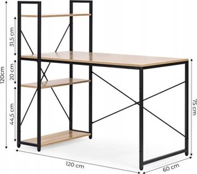 Íróasztal polccal LOFTY 120x60 cm, fekete / tölgy dekoráció