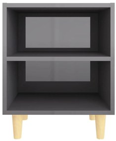 Magasfényű szürke éjjeliszekrény tömör fa lábakkal 40x30x50 cm