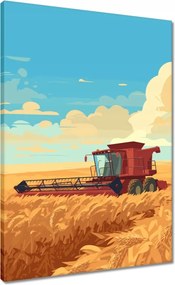 Vászonkép 50x70 Piros kombájn az aratás mezőjén