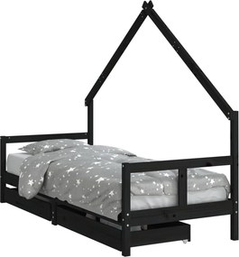 vidaXL fekete tömör fenyőfa gyerekágykeret fiókokkal 80 x 200 cm