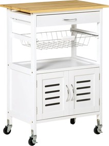 HOMCOM Konyhai Kocsi Kerekekkel, Többfunkciós Tároló Kocsi Bambusz Pulttal, Fém Kosárral és 2 Zsalukapussal 58x37x85.5 cm Fehér | Aosom