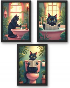 Három darabos poszter szett macskával a fürdőszobában
