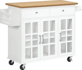 HOMCOM Konyhai Kocsi Konyhai Sziget Kerekeken Multifunkciós 2 Fiókkal 3 Üvegajtóval Törölközőszárítóval és Fűszertartóval 124.5x39.5x90 cm Fehér | Aos