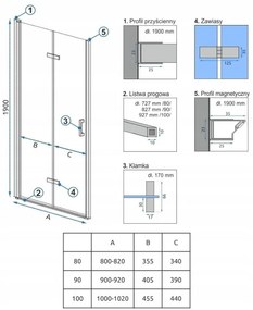 Rea - MOLIER összecsukható zuhanyajtó 90x190cm, króm profil - átlátszó üveg, REA-K8539