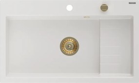 Mexen Omar egymedencés gránit mosogató 800 x 480 mm, fehér, arany szifon - 6520801005-20-G