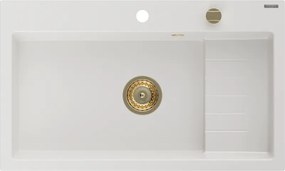 Mexen Omar egymedencés gránit mosogató 800 x 480 mm, fehér, arany szifon - 6520801005-20-G