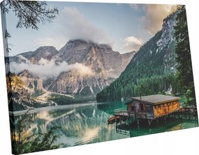 Vászonkép hegyek házikó tó modern falra 100x70