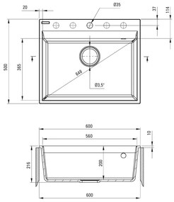 Deante Corrio, 1 kamrás gránit mosogató 600x500x216 mm, grafit, DEA-ZRC_210A