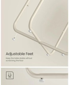 Kerek asztal, kis dohányzóasztal szövetkosárral, krémfehér