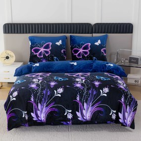 Mikroplüss ágyneműhuzat szett VIOLET BUTTERFLY sötétkék + mikroplüss lepedő SOFT 180x200 cm fehér, dupla ágyhoz