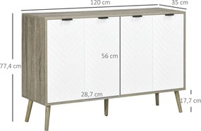 HOMCOM Alacsony Komód, Tárolószekrény, Állítható Polcok, 2 Szekrény, 4 Chevron Ajtó, Konyhába, Étkezőbe, Nappaliba, 120 x 35 x 77,4 cm, Fehér és Szürk