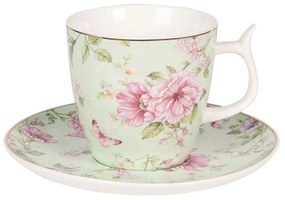 Pillangós-virágos porcelán csésze+alj szett aranyszegéllyel, zöld, 160ml