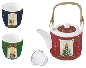 Karácsonyi porcelán ajándék szett teáskanna fém szűrővel 2 porcelán pohárral díszdobozban Festive Avenue