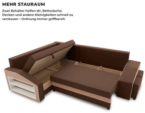Grande sarokkanapé polcokkal és puffokkal , polc a bal karfaban puffok a jobb karfaban, baloldali, szövet anyag, hab töltet, barna