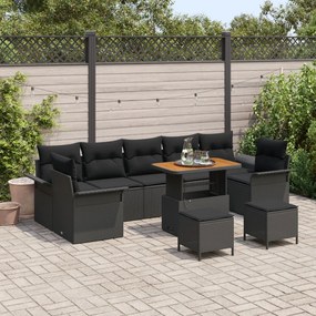 10 darabos kerti kanapé szett párnákkal, fekete poli rattan akác, 2 személyes kerti kanapé tárolóval és párnákkal, fekete poli rattan, 3 darabos kert étkező szett párnákkal, fekete poli rattan akác