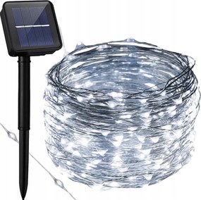 Drótos napelemes kerti lámpa 100 Led 10m Fehér Hideg Fényfüzér
