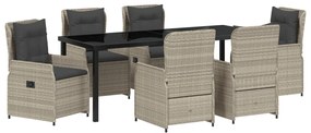 7 Darabos Kerti Étkezőszett Világosszürke Polirattan, Kerti Asztal Fekete 200x80x73 cm Edzett Üveg