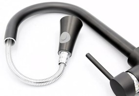 Gránit mosogató NERO Eris + kihúzható zuhanyfejes Snake csaptelep + adagoló + dugókiemelő (matt fekete)