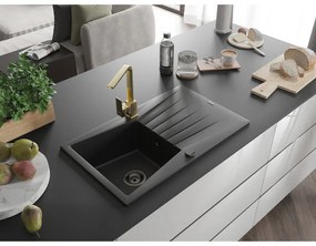 Mexen Cesar, gránit mosogató 775x470x190 mm, 1 kamrás, fekete, fekete szifonnal és arany Rita mosogató csaptelep, 6514-77-670300-50-B