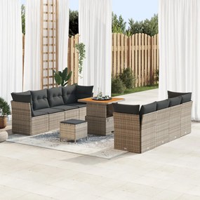 11 részes kertibútor szett párnákkal szürke poli rattan akáccal, 3 részes kert Dining szett párnákkal szürke poli rattan akáccal