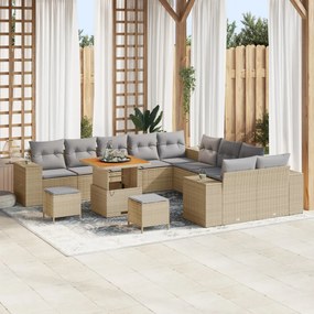 13 darabos Kert Sofa Szett Párnákkal Bézs Poli Rattan Akáciával, 3 darabos Kert Étkező Szett Párnákkal Bézs Poli Rattan Akáciával