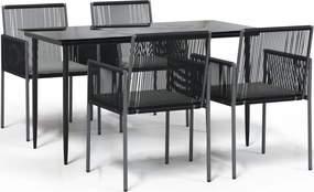 vidaXL 5 részes fekete polyrattan és acél kerti étkezőszett párnákkal