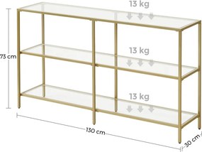 Konzolasztal polcokkal edzett üveglappal, arany 130x30x73cm