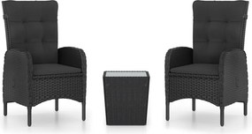 vidaXL 3 részes fekete polyrattan és üveg kerti bisztrószett