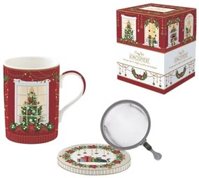 Karácsonyi porcelán teás bögre fém szűrővel díszdobozban Festive Avenue