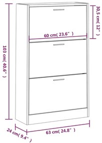 fekete szerelt fa cipősszekrény 63x24x103 cm