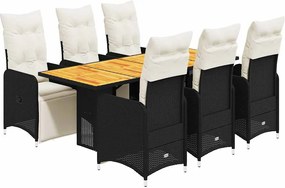 vidaXL 7 részes fekete polyrattan kerti bisztrógarnitúra párnákkal