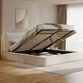 Kárpitozott ágy, kétszemélyes, 180 x 200 cm Hidraulikus Bézs Zsenília