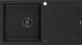 Mexen Leo gránit mosogató 1-medencés csepegtetővel 900 x 500 mm, fekete, fekete szifon - 6501901010-77-B