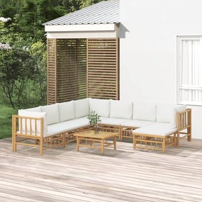 vidaXL 9 részes bambusz kerti ülőgarnitúra krémfehér párnákkal